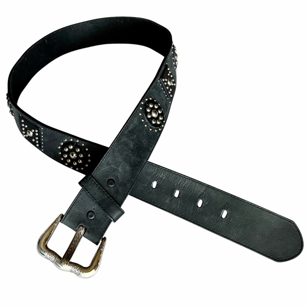 BRIGHTON Studded Medallion Statement Belt Women’s Size XL Leather Black Silver